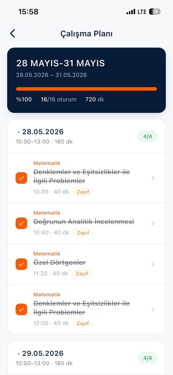 Bitasis uygulamasında haftalık çalışma planı ekranı